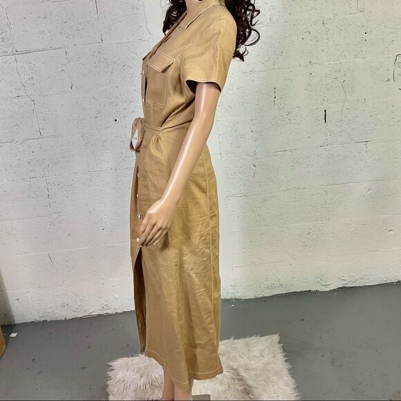 Cali Cali Tan Linen Vintage Button Front Belted Midi Safari Shirt Dress 8 - Picture 7 of 10